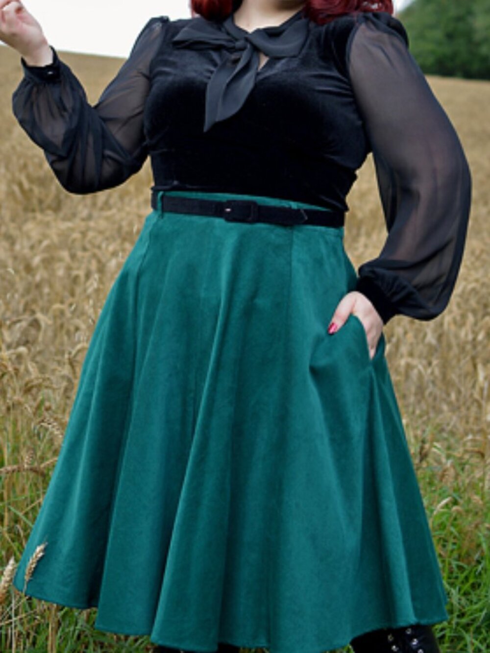 Hell Bunny Green Corduroy A-Line Midi Skirt